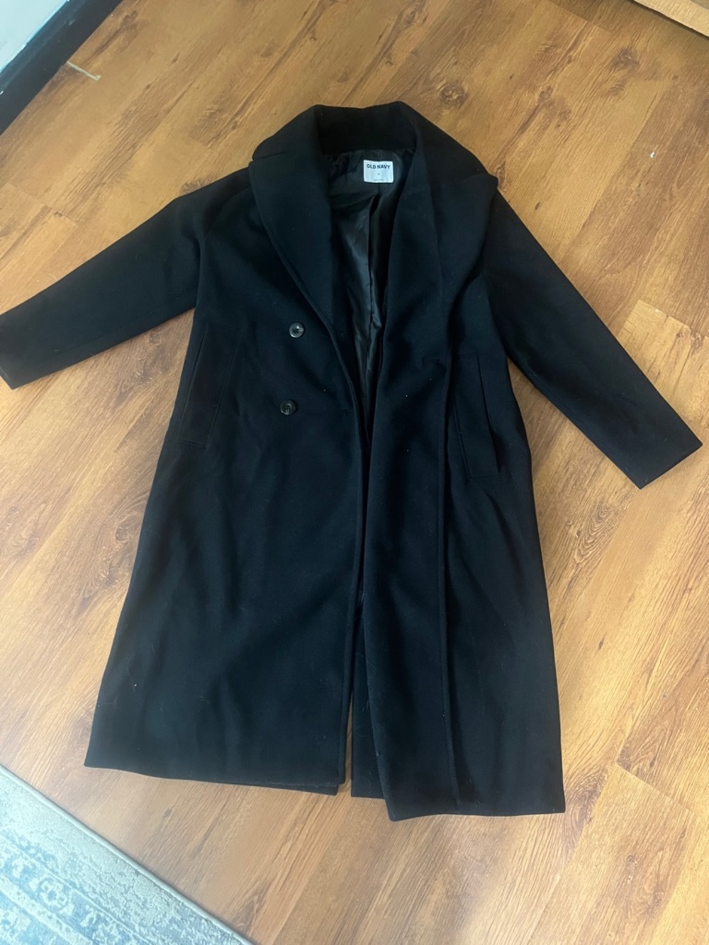 Old Navy Black Long Double-Breasted Trench Coat never worn